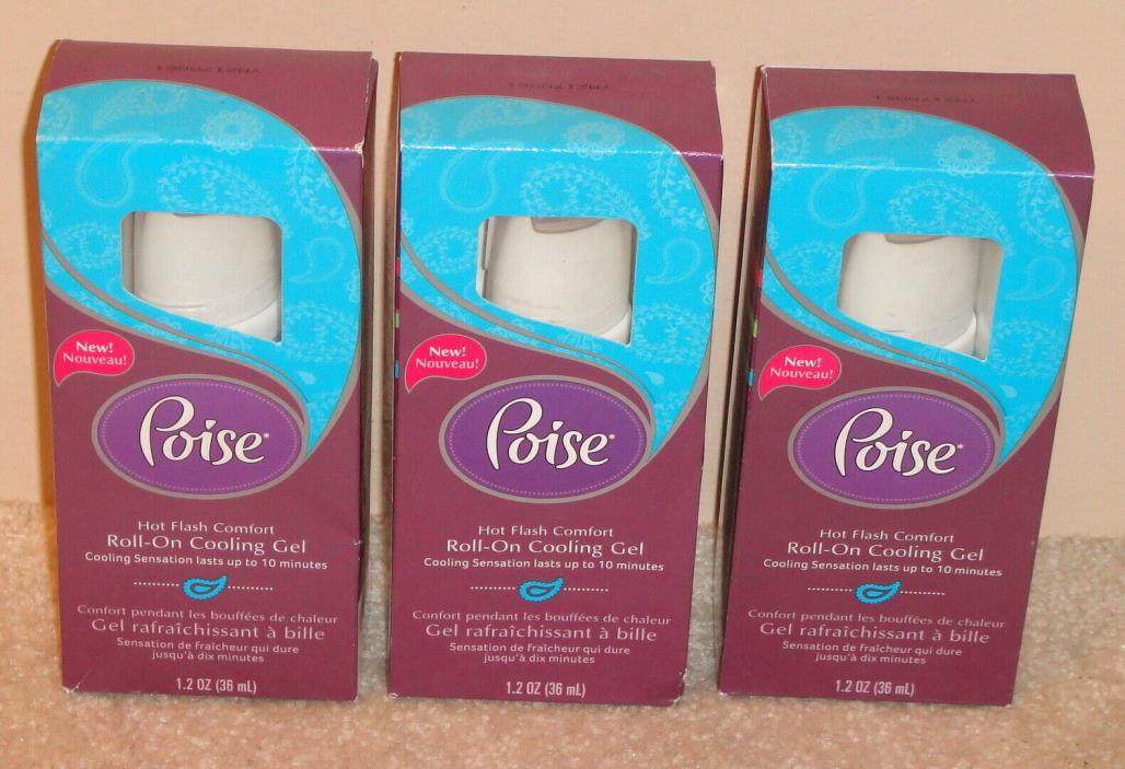 Lot of 3 Poise Hot Flash Comfort Roll-On Cooling Gel 1.2 oz Each