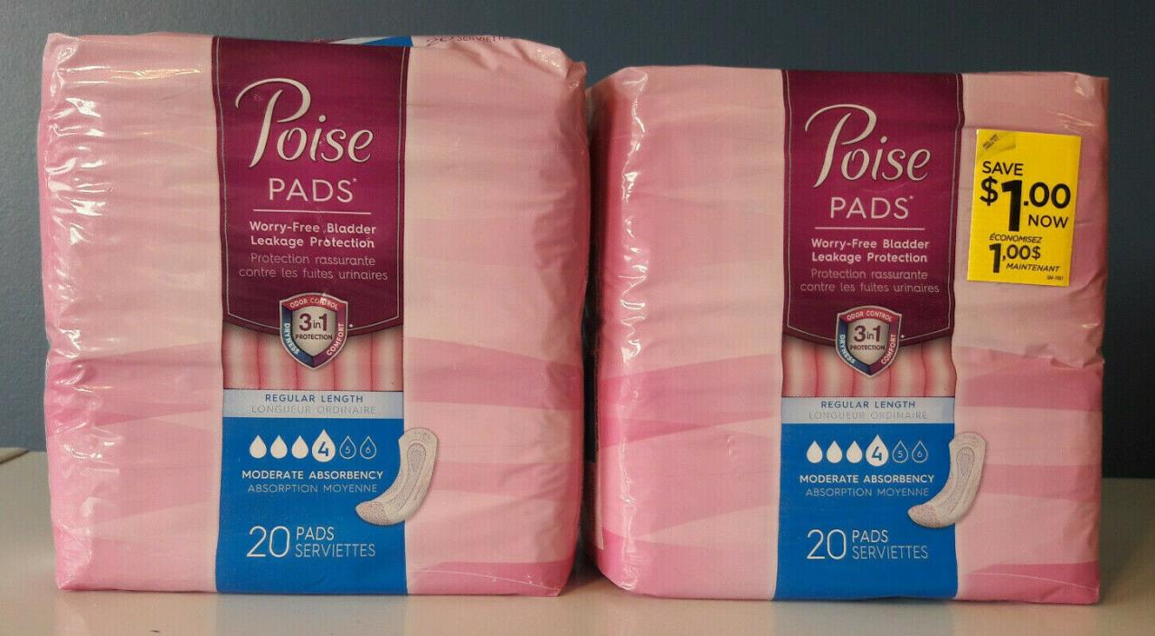 Lot of (2) Poise Pads Bladder Leakage Protection, Moderate, Regular, 20 ct. each