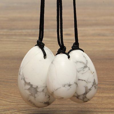 3x Natural Drilled White Howlite Yoni Eggs Gemstone + Rope For Muscle Exercise