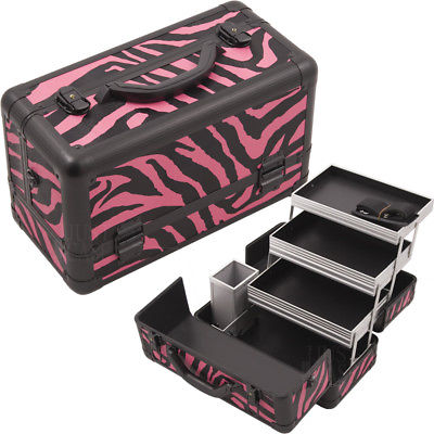 Zebra Hot Pink Printing Texture 3-Tiers Extendable Trays Professional Cosmeti...