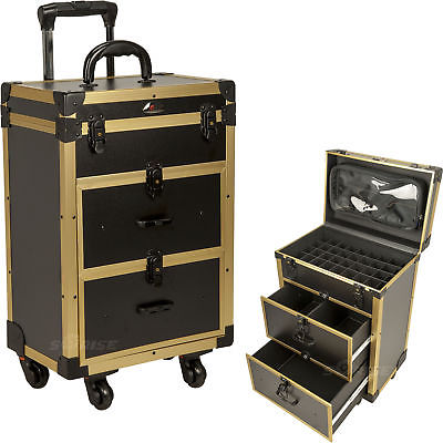 4-Wheels Black Matte Nail Artist Pro Rolling Case with 2 Drawers, Foundation ...