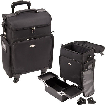 All Black Soft_Sided Professional 4-Wheels Carry-on Rolling Makeup Case with ...