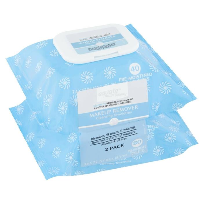 Equate Beauty Makeup Remover Cleansing Towelettes, 2 pack, 80 count