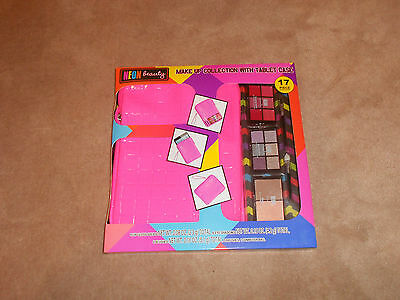 NEW, NEON BEAUTY MAKE UP COLLECTION WITH PINK TABLET CASE, 17 PIECES