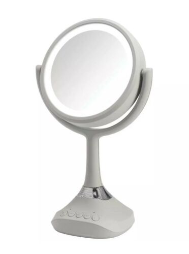 Bluetooth Speaker Makeup Mirror Dual Sided Gray 80 CRI LED Light Handheld Round