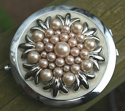 SUPER FAUX PEARL TOP Compact Mirror/Magnifier Silver Tone NEW IN BOX Snap Lid