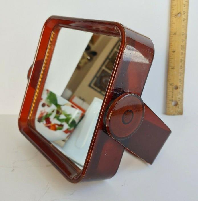 Vintage Red Amber LUCITE Plastic Double Sided Magnifying Cosmetic Make Up Mirror
