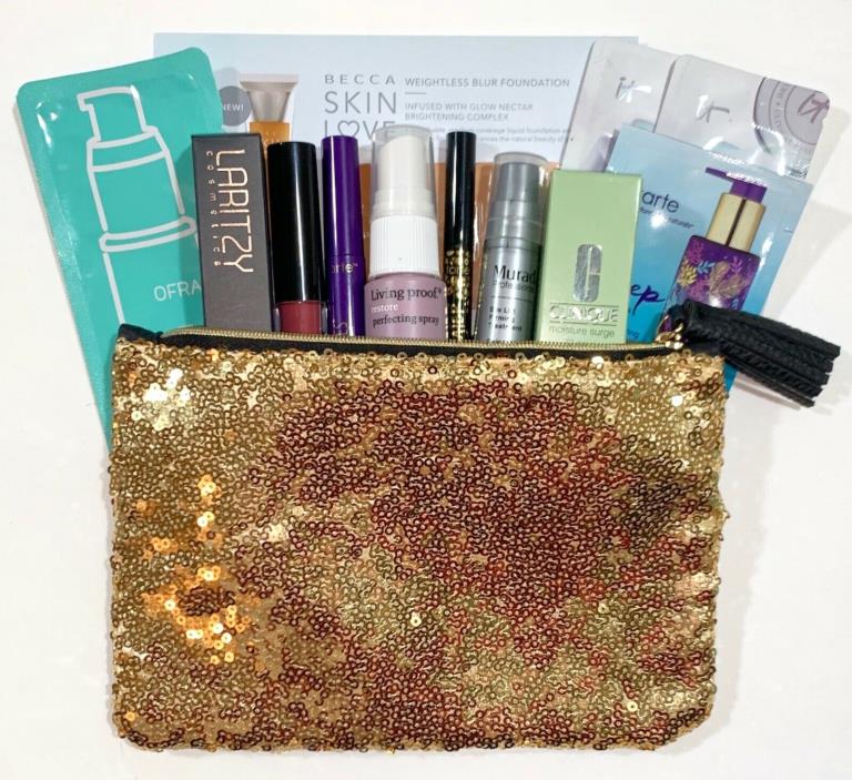 12 Beauty Products Full/Travel/Sample Sz in Makeup Bag MURAD TARTE CLINIQUE IPSY