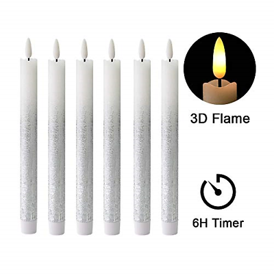 Christmas Decoration Timer Taper Candles Flameless Set of 6, 3D Wick Filckering