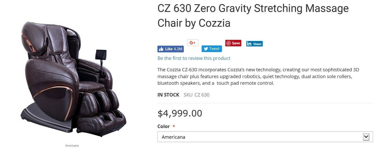 Cozzia CZ-630 Fortitude 3D Massage Chair Zero Gravity Recliner - Americana