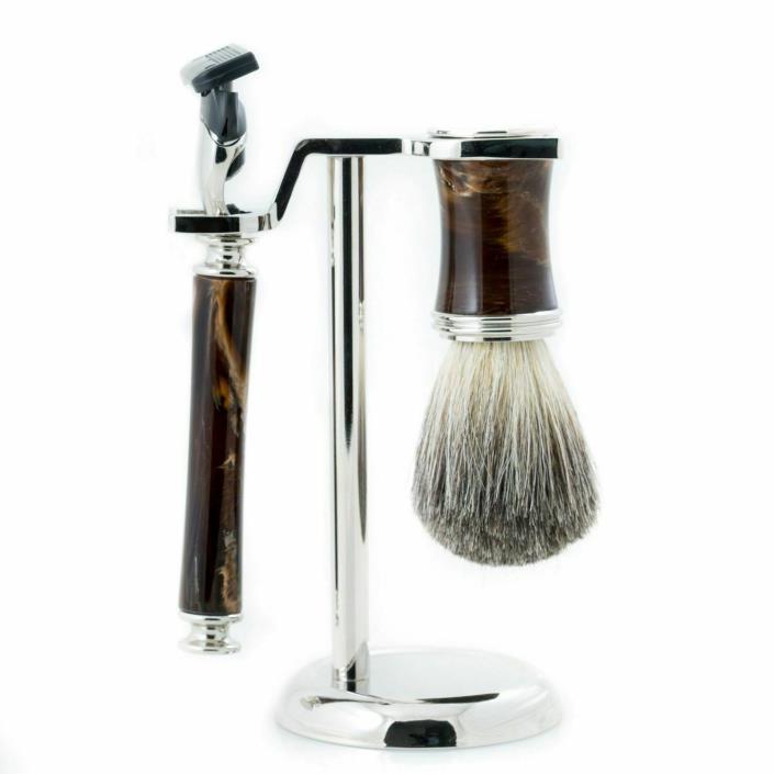 Razor & Pure Badger Brush with Marbleized Brown Enamel on Chrome Stand