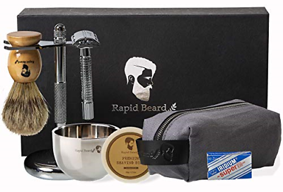 Shaving Kit for Men Wet Shave - Safety Razor with 10 blades, Shaving Badger Hair