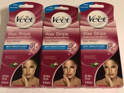 Lot Of 3 VEET FACE WAX STRIPS READY-TO-USE HAIR REMOVER 12 WAX STRIPS, 2 WIPES
