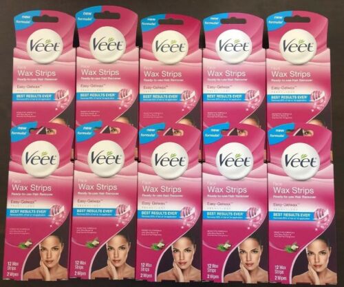 LOT OF 10 VEET FACE WAX STRIPS READY-TO-USE HAIR REMOVER 12 WAX STRIPS, 2 WIPES