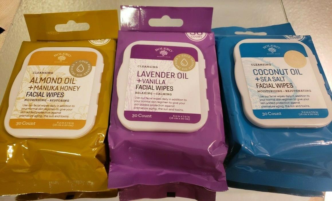 Bolero Cleansing Facial Wipes Almond Lavender Coconut Oils Lot of 3