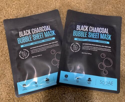 Lot Of 2 Soo Ae BLACK CHARCOAL Bubble Sheet Mask Detoxify + Oxygenate + Radiance