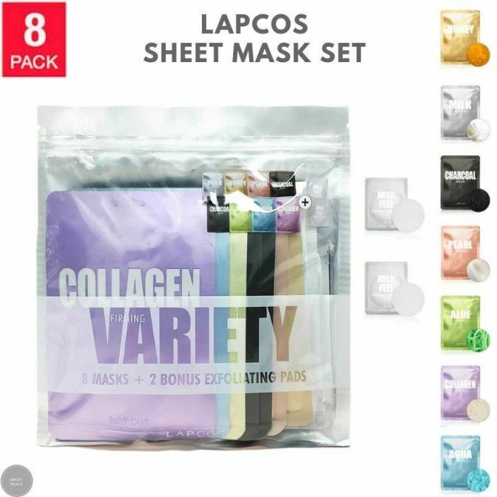 LAPCOS Sheet Mask Set - Variety 8 Pack + 2 Bonus Exfoliating Pads, Korean Beauty