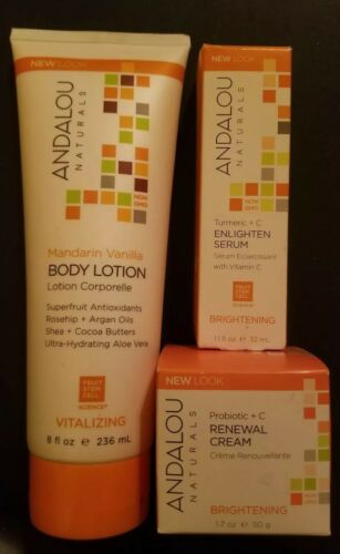 (3) Andalou Naturals - Body Lotion, Enlightening Serum & Renewal Cream Combo.