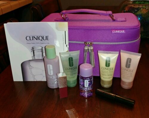New Clinque 8pc Set Purple MakeUp Case Bag Skin Care Lipstick Mascara Gift