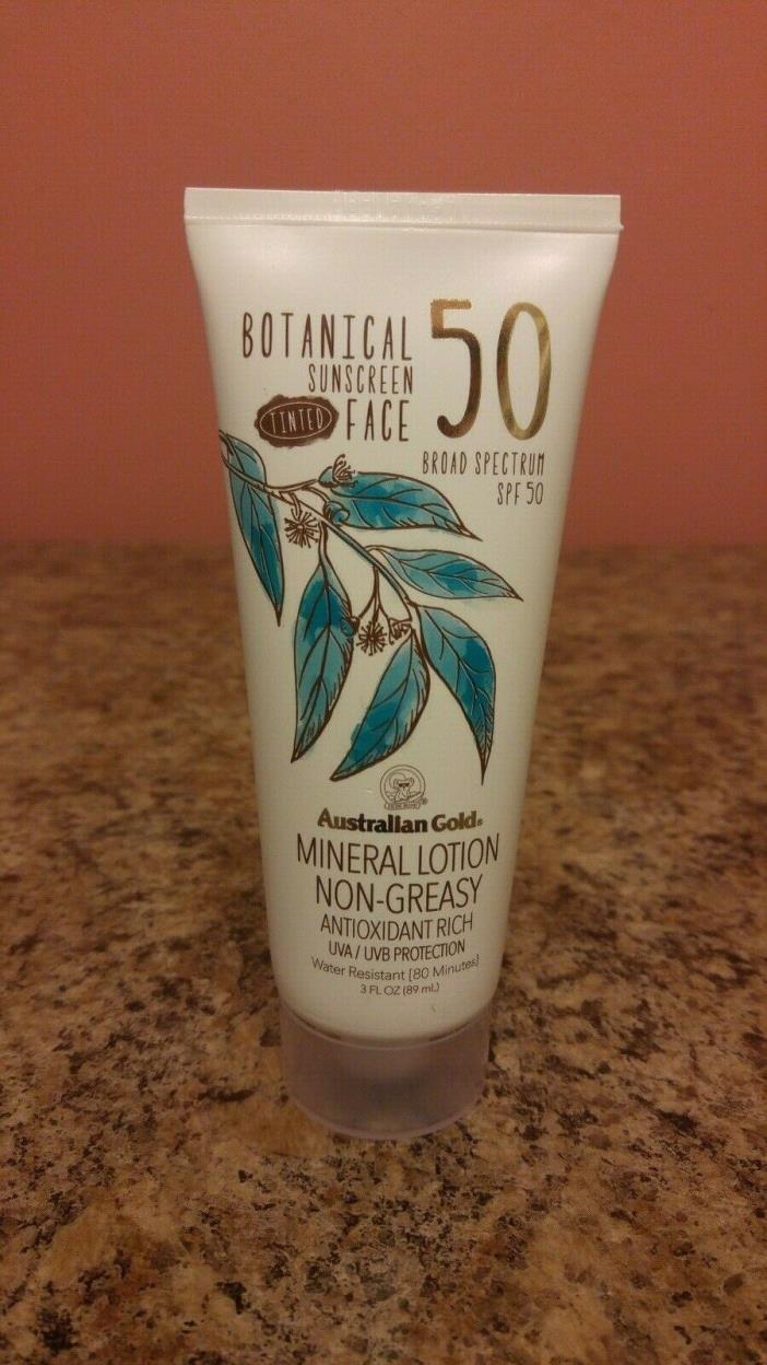 Australian Gold SPF 50 Botanical Sunscreen Tinted Face Mineral Lotion, Exp 03/21