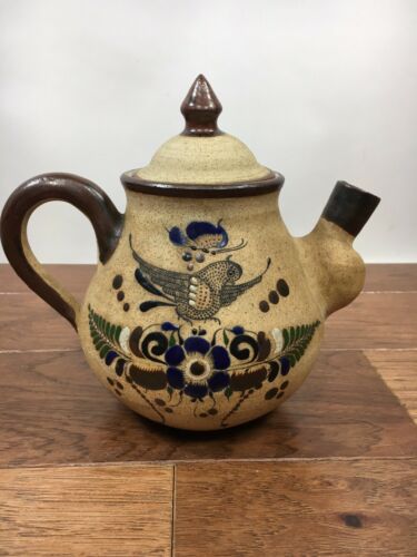 Vtg Mexican Netzi Pottery Mexico Hand Painted Tea Pot Sandstone Stoneware Bird