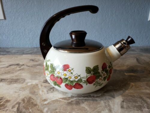 Vintage Enamel Strawberry Design Whistling Tea Kettle Teapot