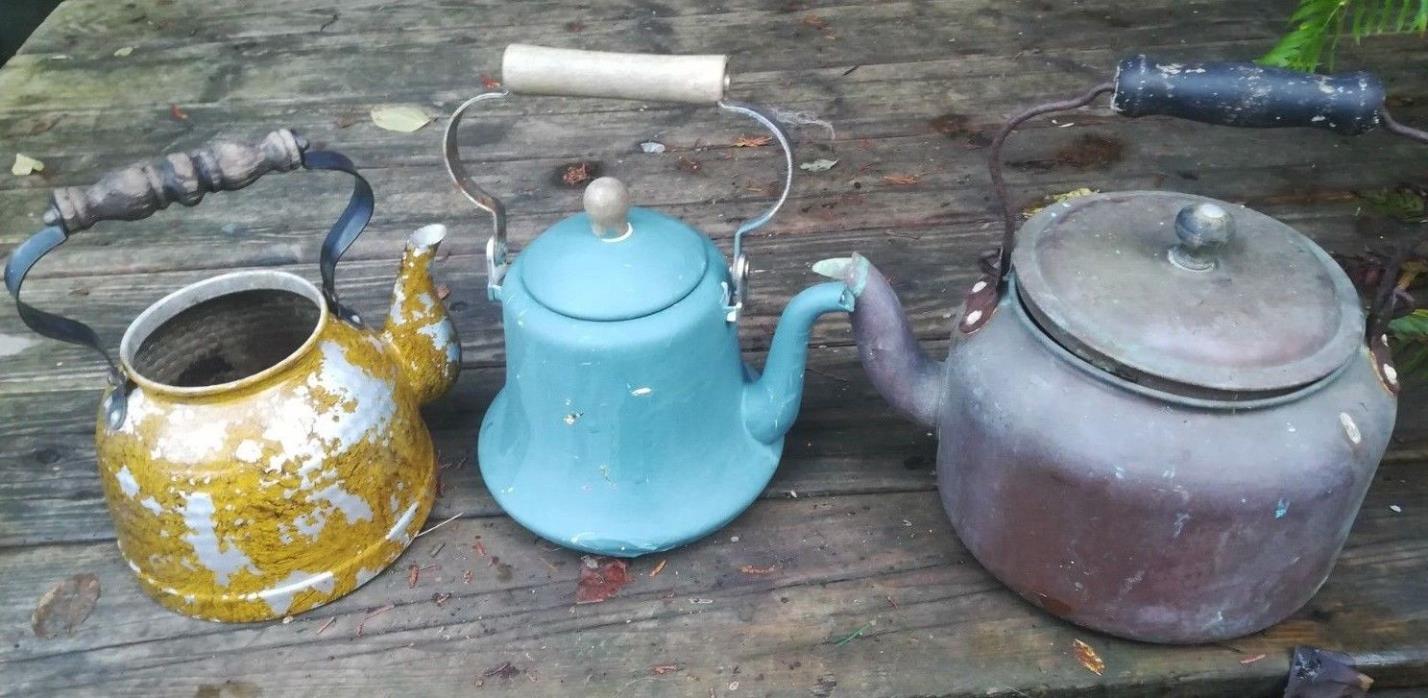 3 early Vintage Antique metal & enamel rustic teapot teakettle kettle folk art