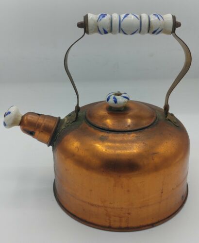 Copper Tea pot Kettle Beautiful vintage with Delft Porcelain handle tea pot