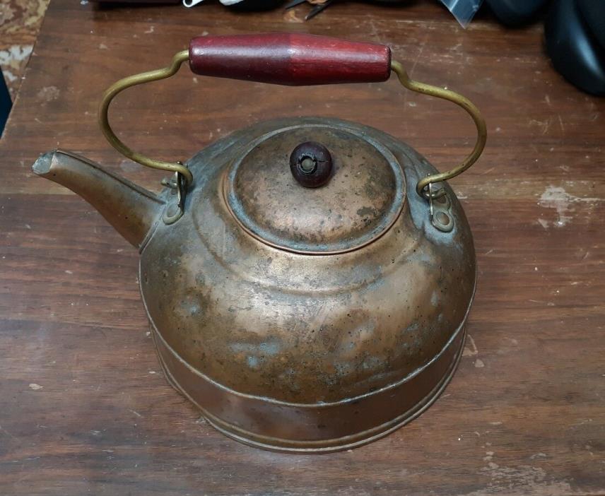 Vintage Copper Tea Pot Kettle Wood Handle Lid, Country Chic Rustic Patina