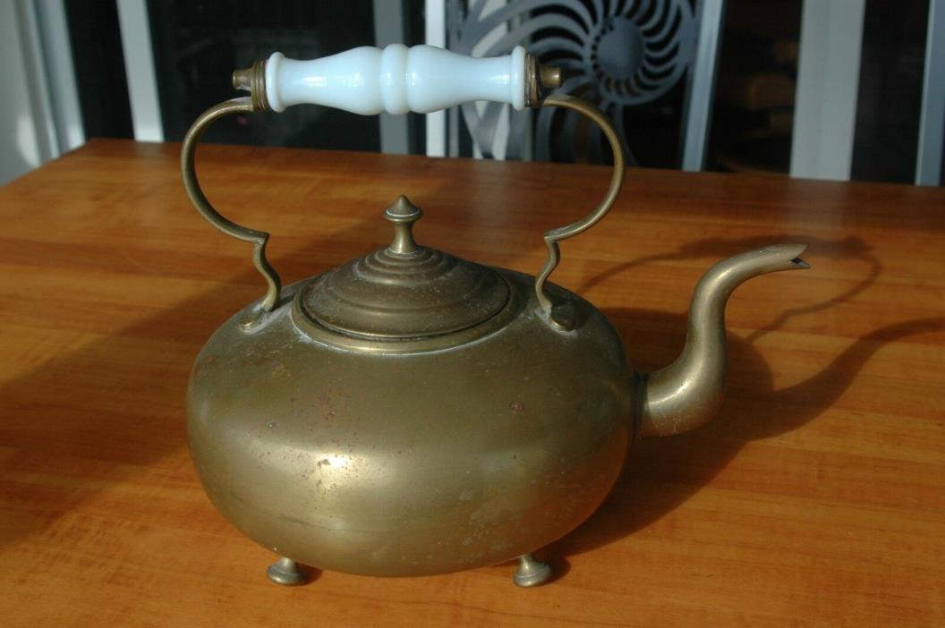 Antique English Brass Teapot Footed Toddy Kettle W/ Milk Glass Handle