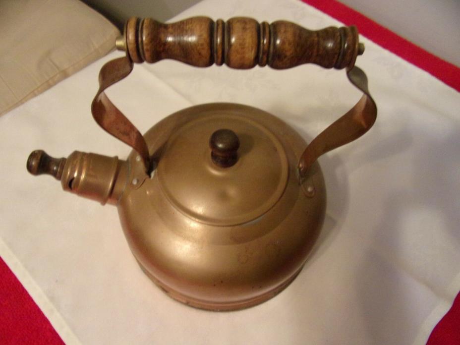 VINTAGE WHISTLING COPPER TEA KETTLE WITH WOODEN HANDLE