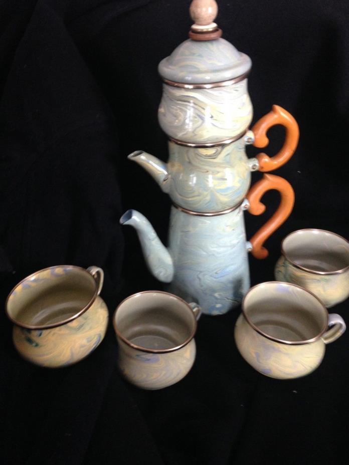 Vintage Mackenzie Childs Green Swirl  STACKING Coffeepot Teapot and 4 cups mugs