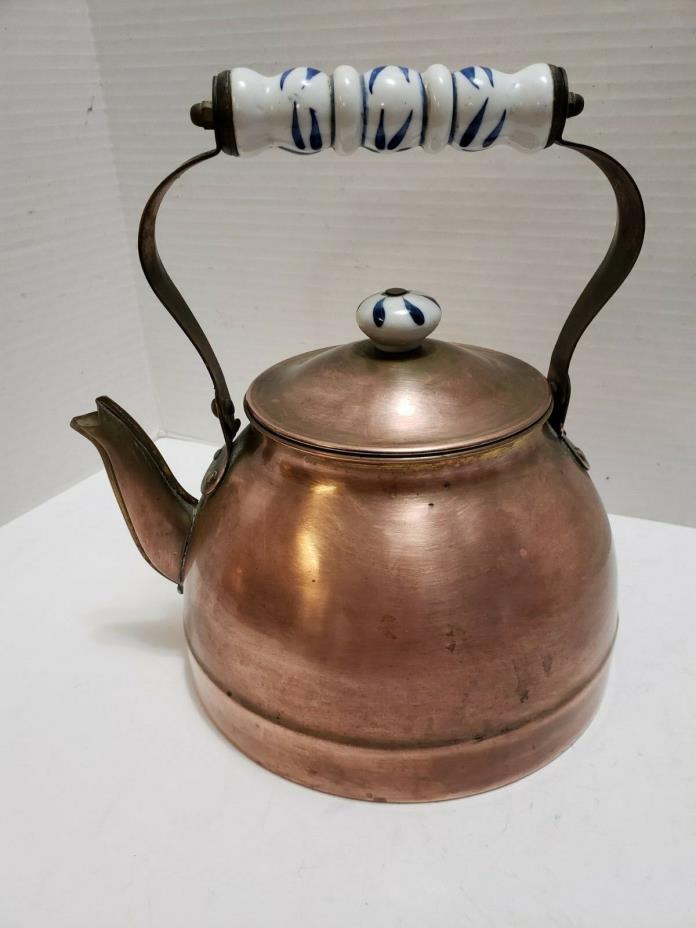 Vintage Copper clad Tea Kettle with porcelain handle