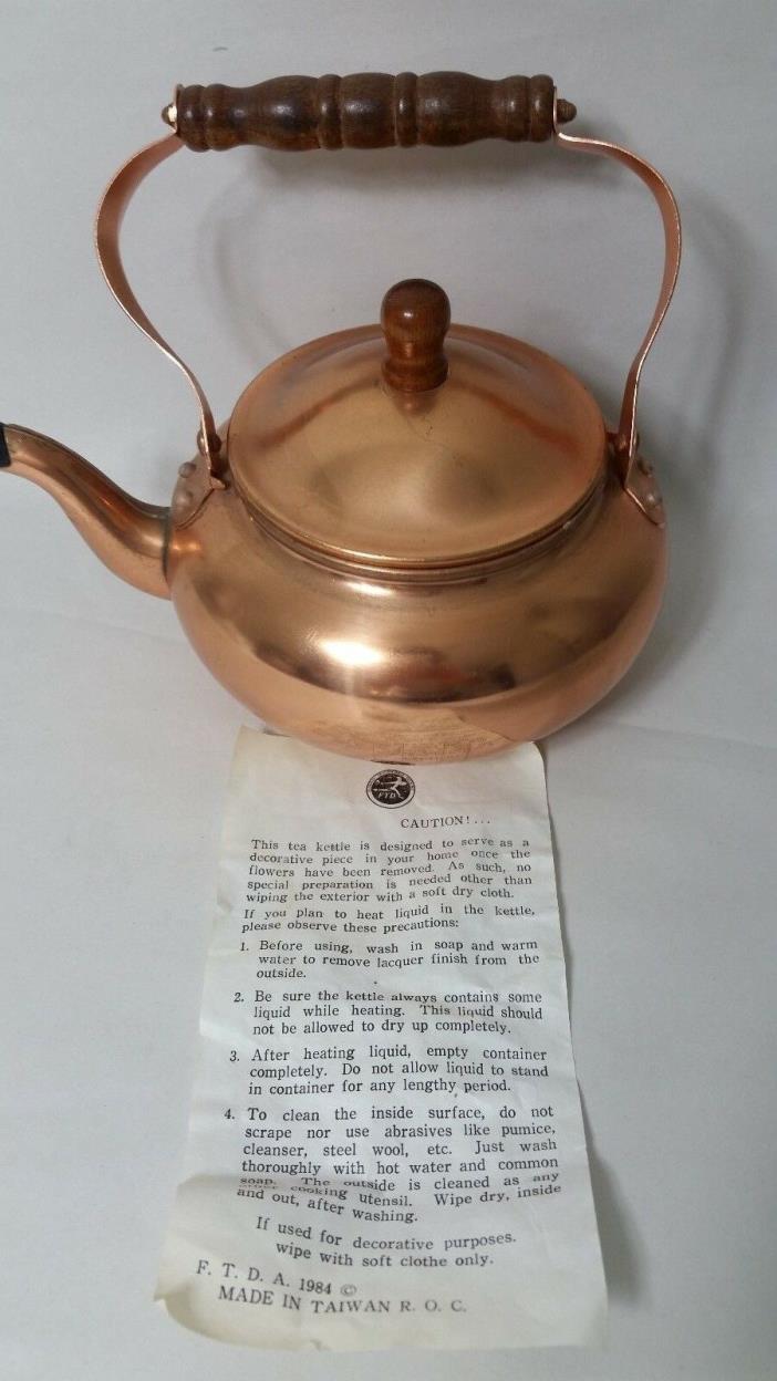 Vintage 1984 FTD Copper Nickle Tea Pot Tea Kettle Planter Wood Handle