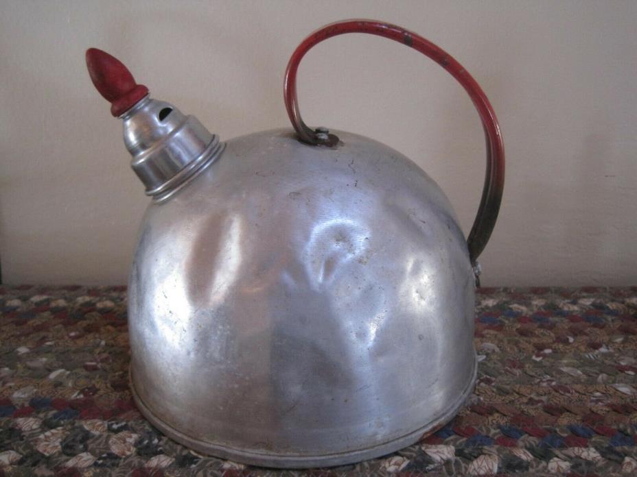 Vintage ALCOA Pure Aluminum ROUND Whistling TEA KETTLE Pot RED HANDLE