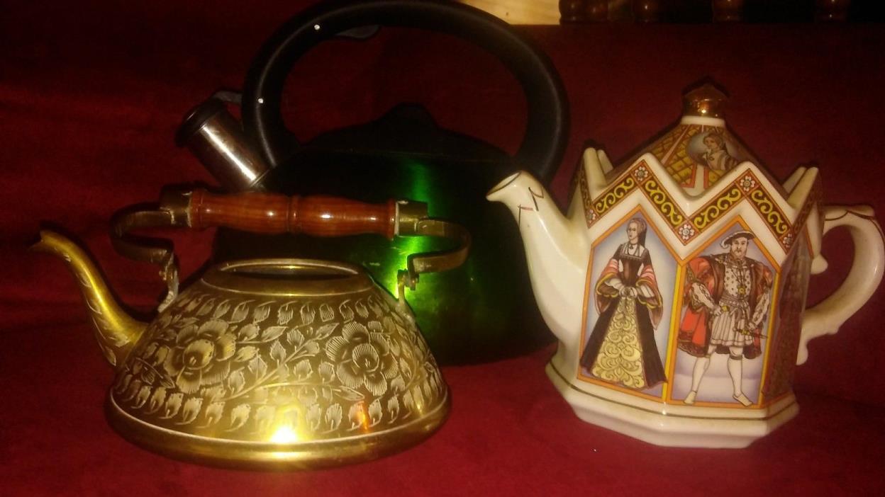 Vintage And Antique Brass Teapot & Porcelian and Green kettles (3)