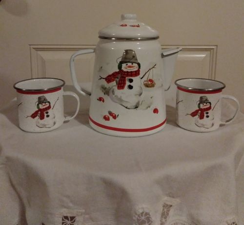 Coffee Pot & Cups Set Teapot Kettle Pitcher Hot Chocolate Apples Snowman Gift