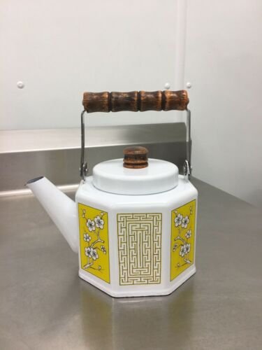 Vintage 1979 M Kamenstein White Enamel Flowers Tea Kettle Teapot
