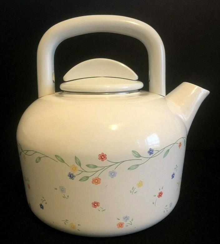 Vintage White Enamel 3 Quart Tea Kettle With Floral Design