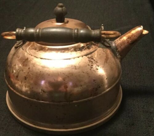 Vintage Copper tea kettle w/wood handle made in Hong Kong Rustic Decor