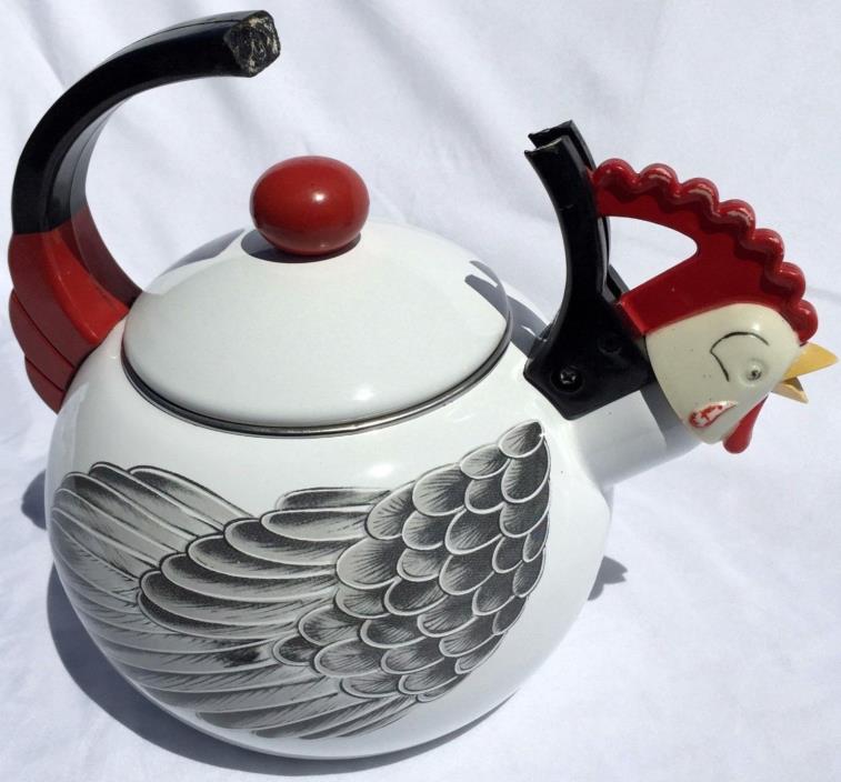 M Kamenstein Whistling Rooster Tea Pot Vintage 1986 Enamel Kettle Farm House