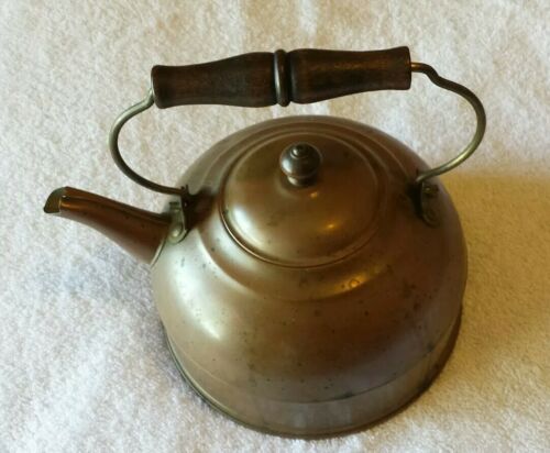 VINTAGE COPPER KITCHEN TEAPOT KETTLE WOOD HANDLE Revere Ware, Rome N.Y. 1801