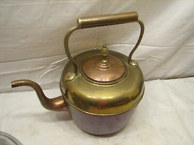 Early Brass & Copper Signed Gooseneck Tea Kettle Pot Teapot Ornate