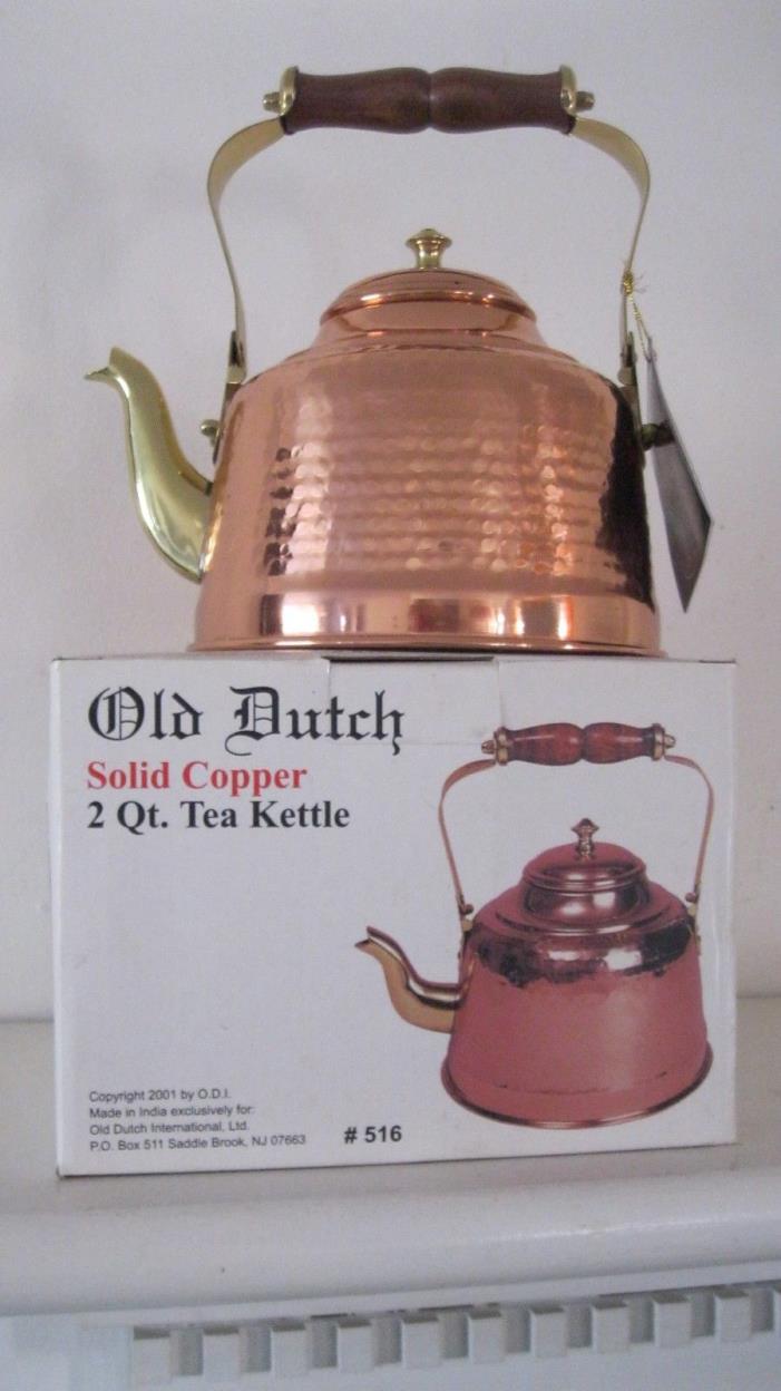 Old Dutch Hammered Copper Tea Kettle with Brass Spout and Wooden Handle 2 qt.