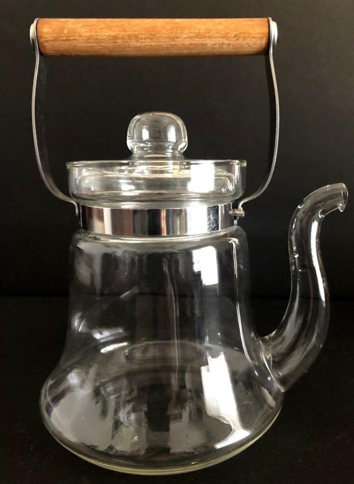 Vintage Clear Glass Teapot/Coffee Pot With Wood & Stainless Steel Handle