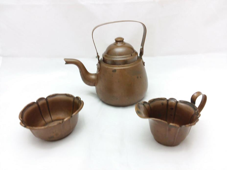 Peltiteos Helsinki O.Y. Copper Tea Kettle 1L Teapot with Sugar Bowl and Creamer