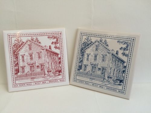 Ceramic Tile Trivet w/ Old Town Hall of Bedford, Massachusetts in Red or Blue