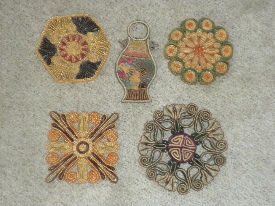 Lot 5 Vintage Colorful Wicker Straw Hot Pot Holders Woven Rattan Trivets