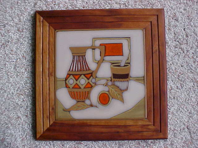 Ceramic Art Tile, Vintage 1960s-70s, Still Life, Warm Earth Tones Framed Trivet