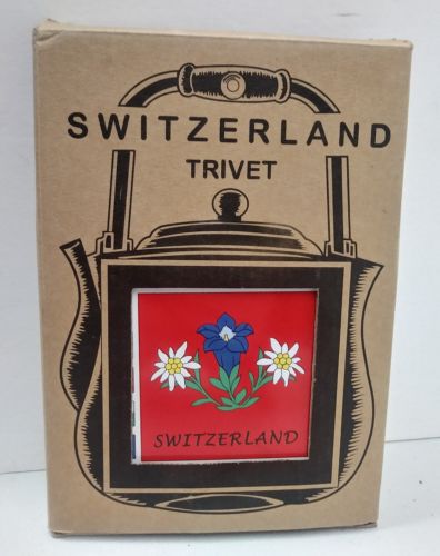 Melpa Switzerland Teapot Trivet Red with Edelweiss, Gentian Flowers & Flags NOS